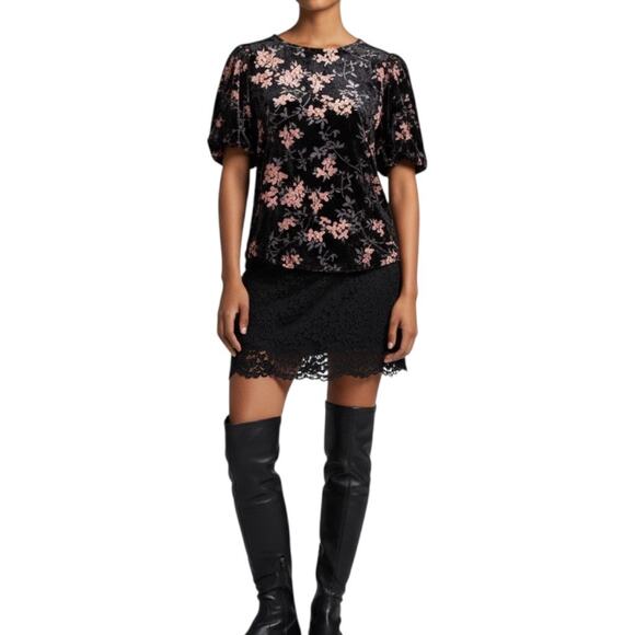 Another Love Tops - Black Floral Burnout Velvet Top Sheer Panel Flutter Sleeve Dark Romantic S